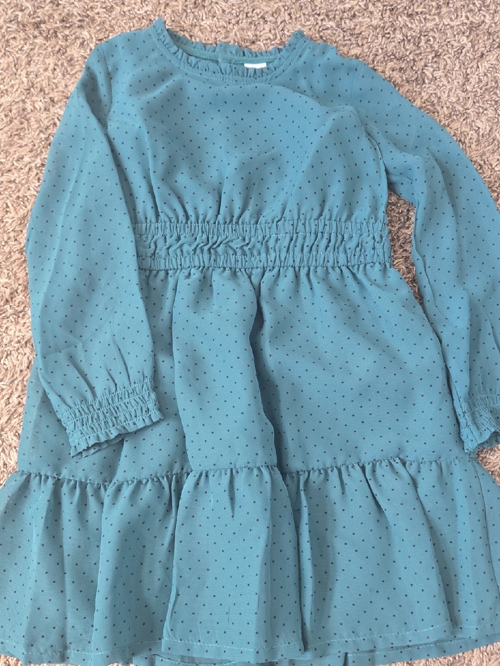 Green Polka Dot Long Sleeve Smocked Waist Dress